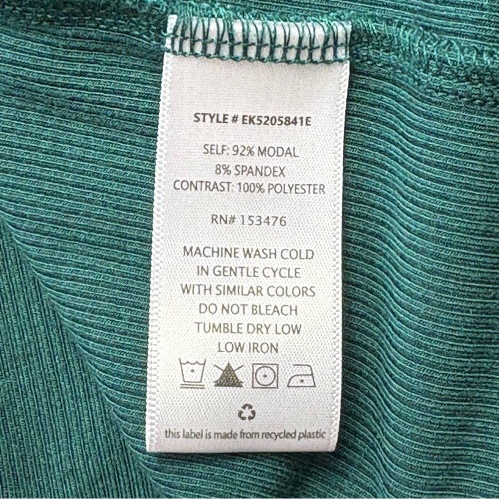 Evereve Bex Split Neck Top Size S Satin Trim Soft Rib Knit Green Modal Blend - Picture 13 of 13